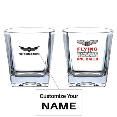 Flying One Ball aviation design on whiskey glass, crystal-clear premium glassware.