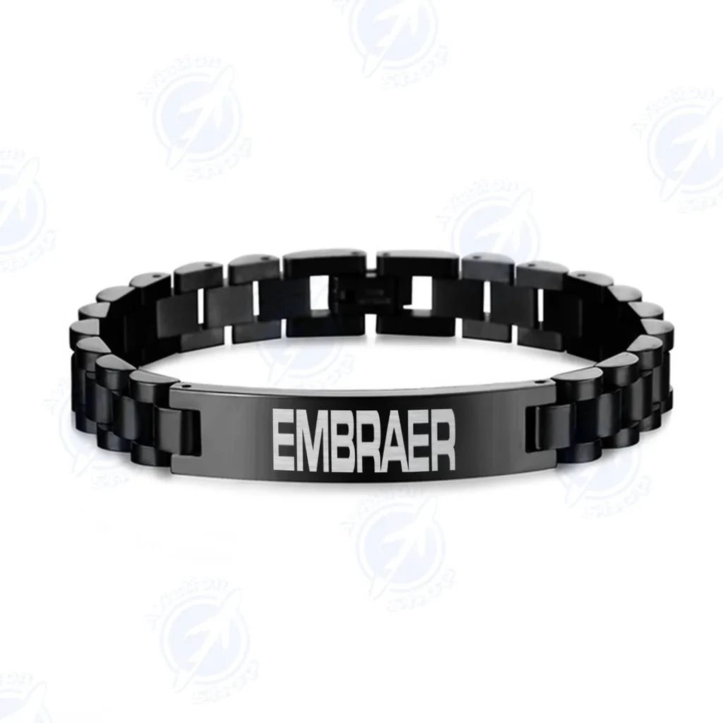 Embraer & Text aviation-themed chain bracelet, polished stainless steel.