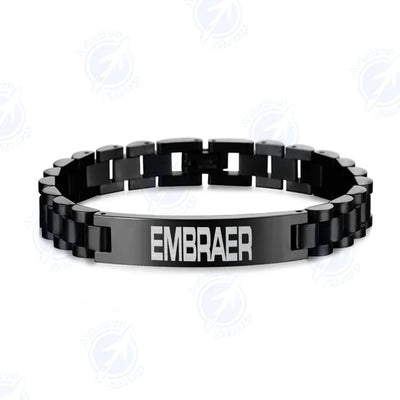 Embraer & Text aviation-themed chain bracelet, polished stainless steel.