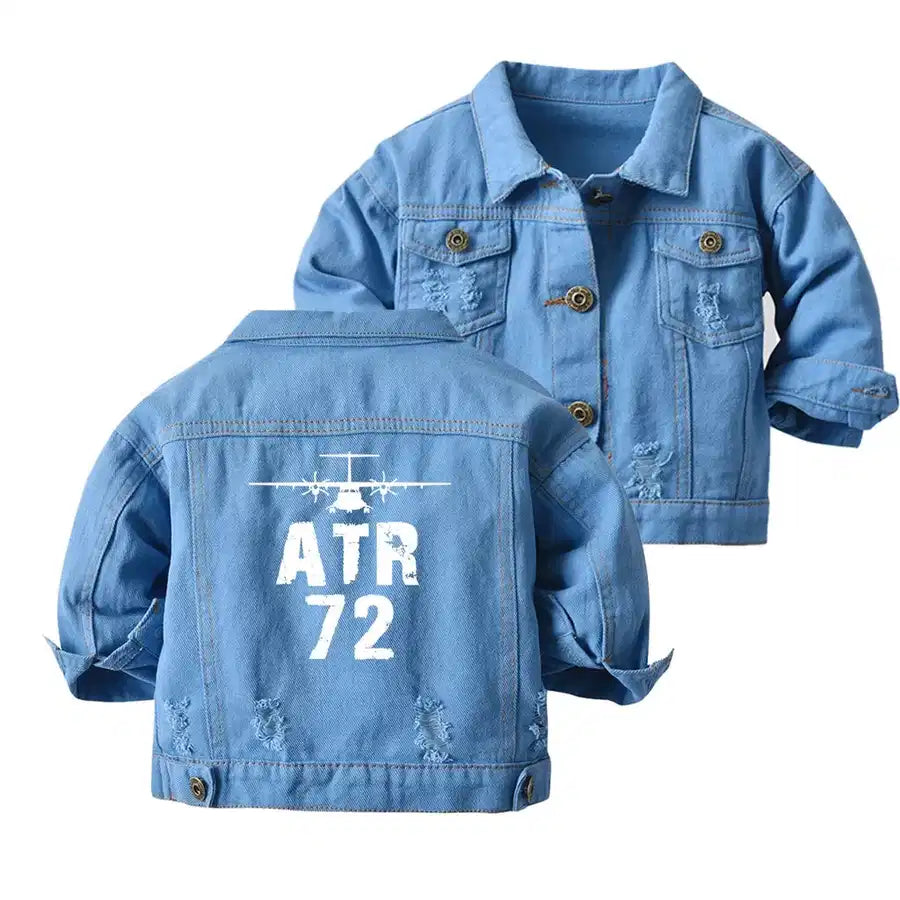 ATR-72 & Plane aviation design printed on classic denim with ribbed trim kids' denim jacket.