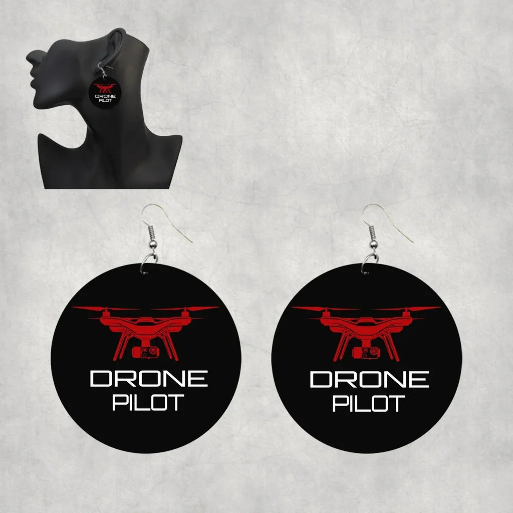 Drone aviation drop earrings, wood with metal hooks body with engraved detail.