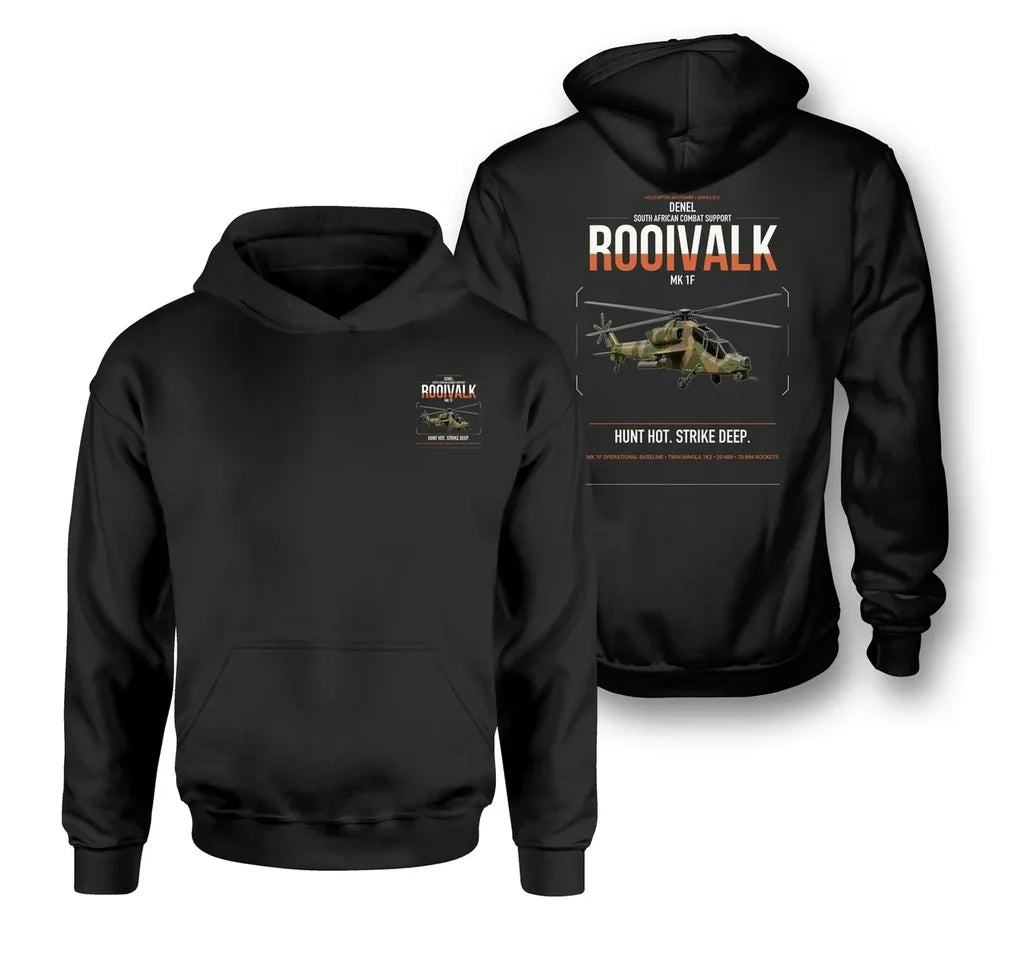 Denel Rooivalk Mk 1F design on black double-side hoodie, double-side print