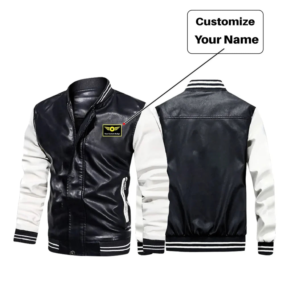 Custom Name aviation design printed on genuine leather with modern tailored fit stylish leather jacket.