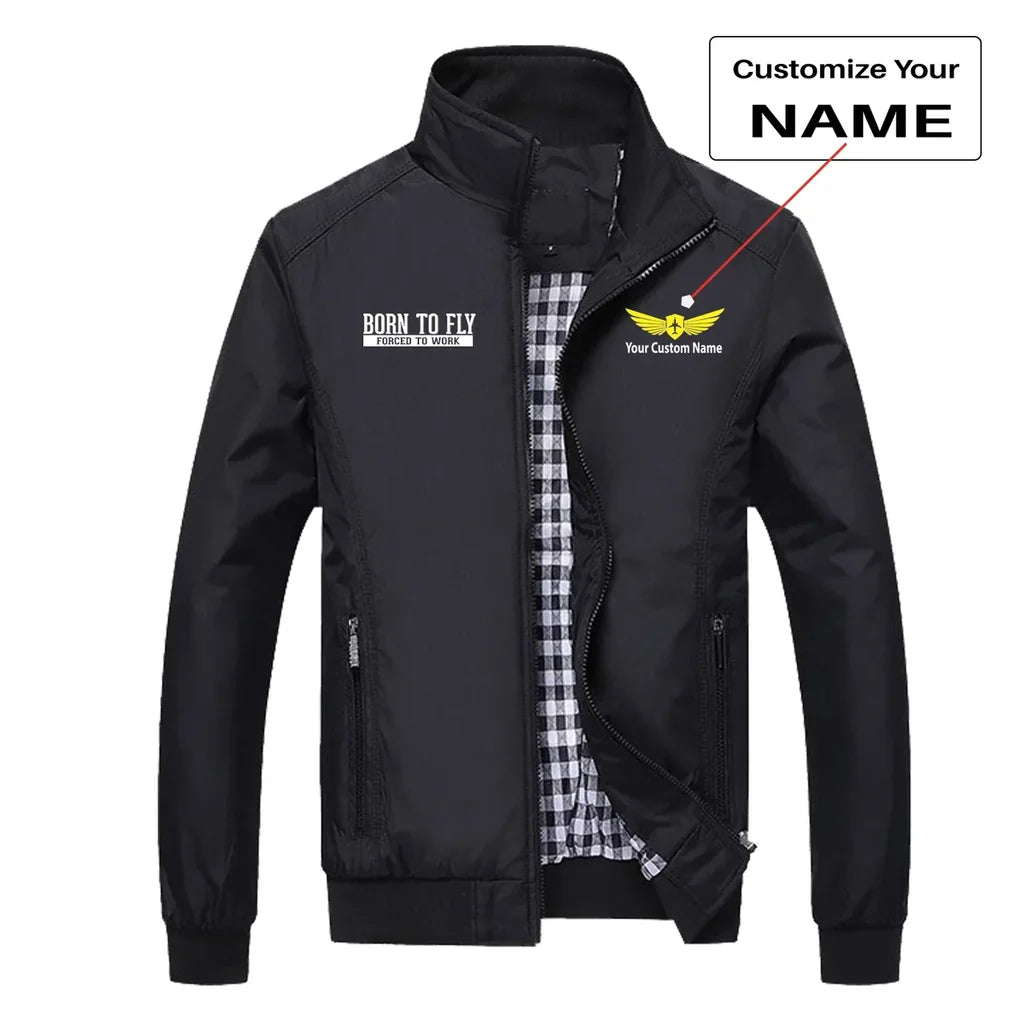 Born To Fly Forced To Work aviation design printed on modern shell with tailored fit stylish jacket.