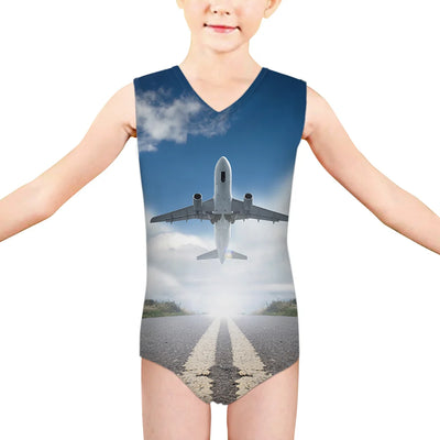 Taking Off aviation print on kids quick-dry fabric swimsuit.