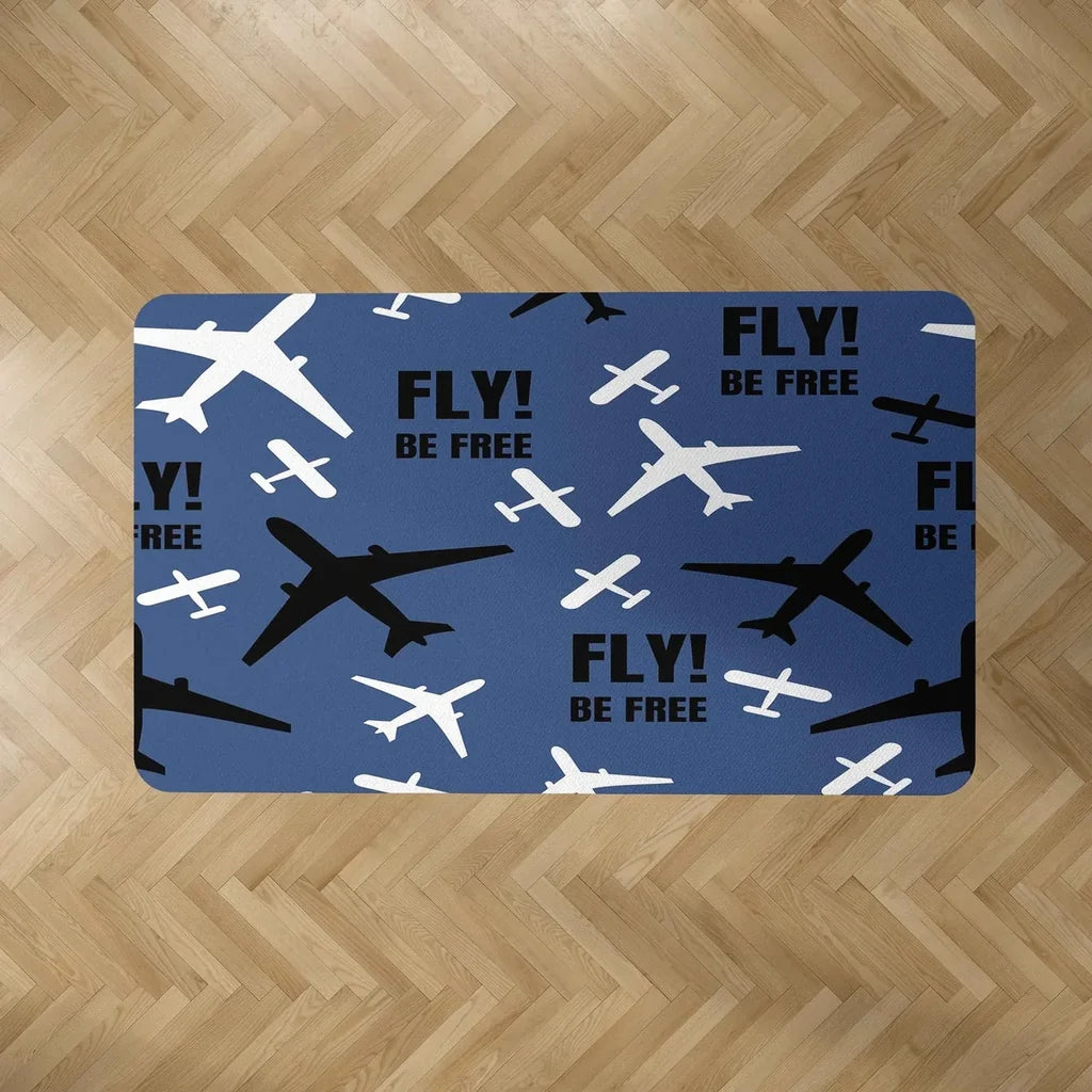 Fly Be Free (Blue) aviation design on durable carpet pile with non-slip backing rectangle carpet floor mat.