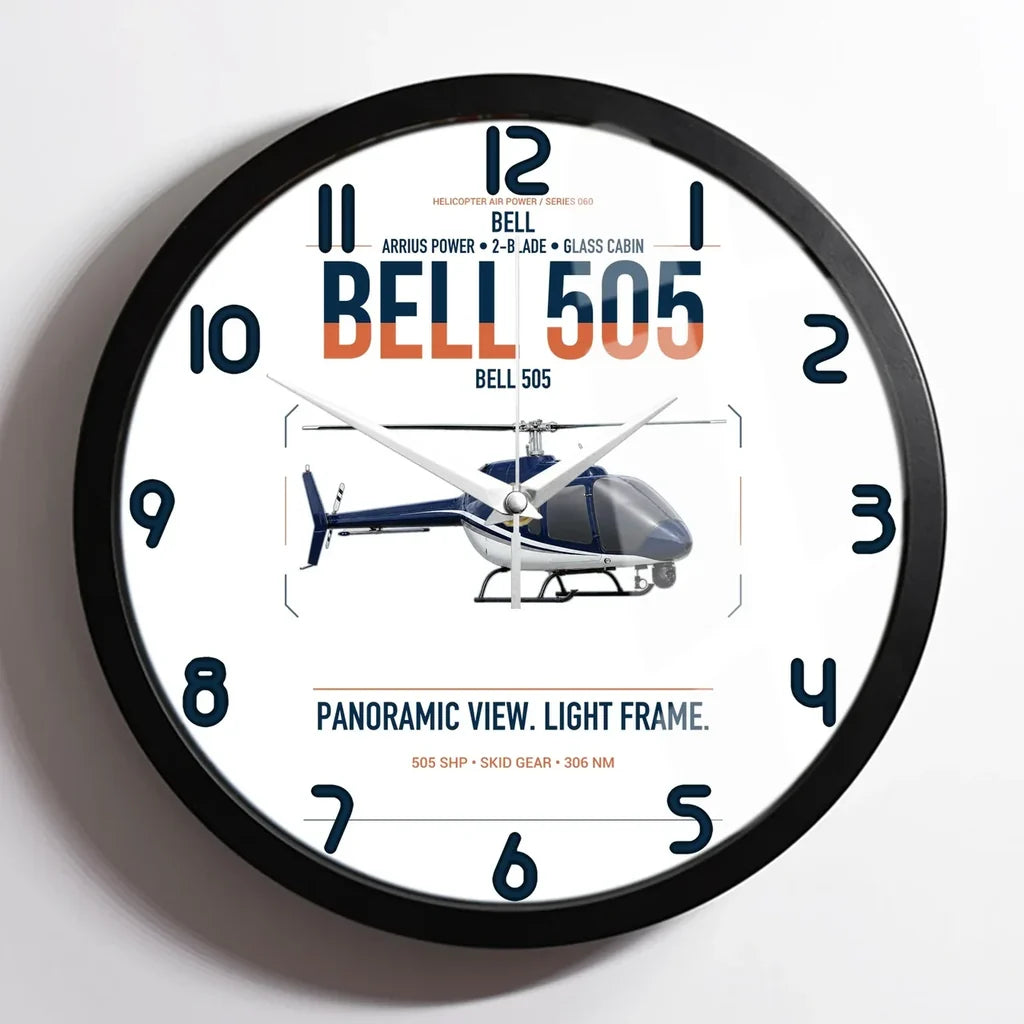 Bell 505 design on white framed wall clock