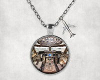Thumbnail for Side view of Boeing 747 Cockpit aviation necklace in stainless steel, polished finish.