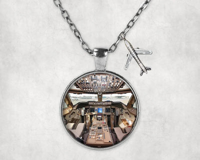 Side view of Boeing 747 Cockpit aviation necklace in stainless steel, polished finish.