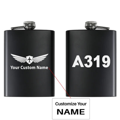 Airbus A319 Flat Text aviation design on stainless hip flask, compact pocket-size flask.