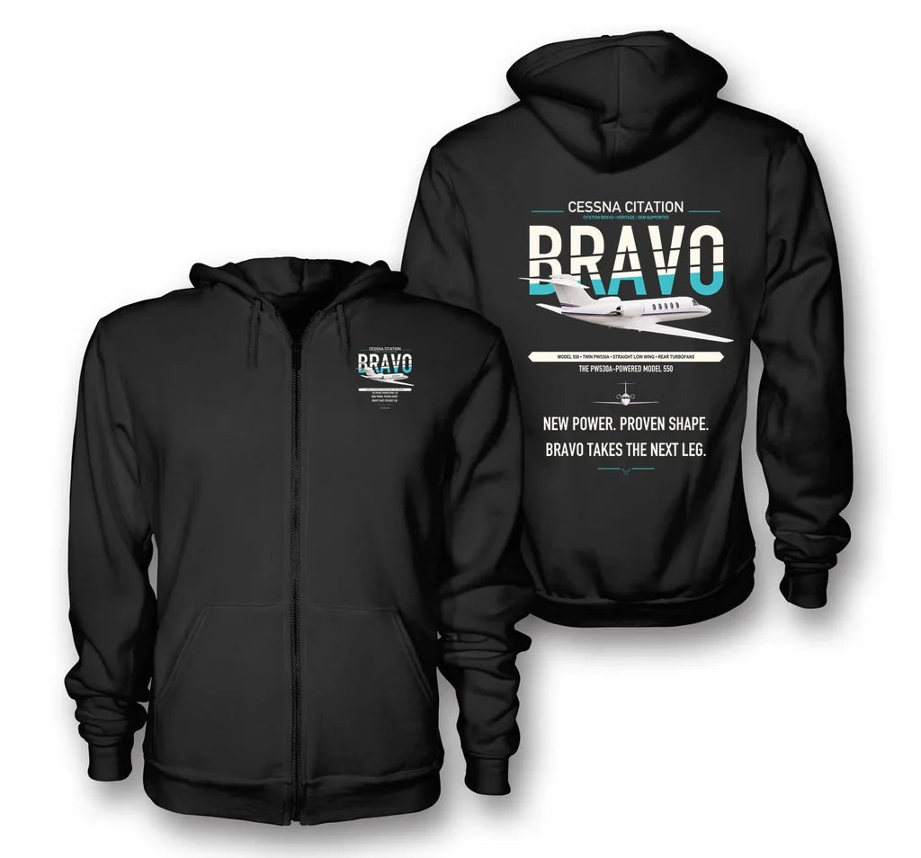 Cessna Citation Bravo design on black premium zipped hoodie, double-side print