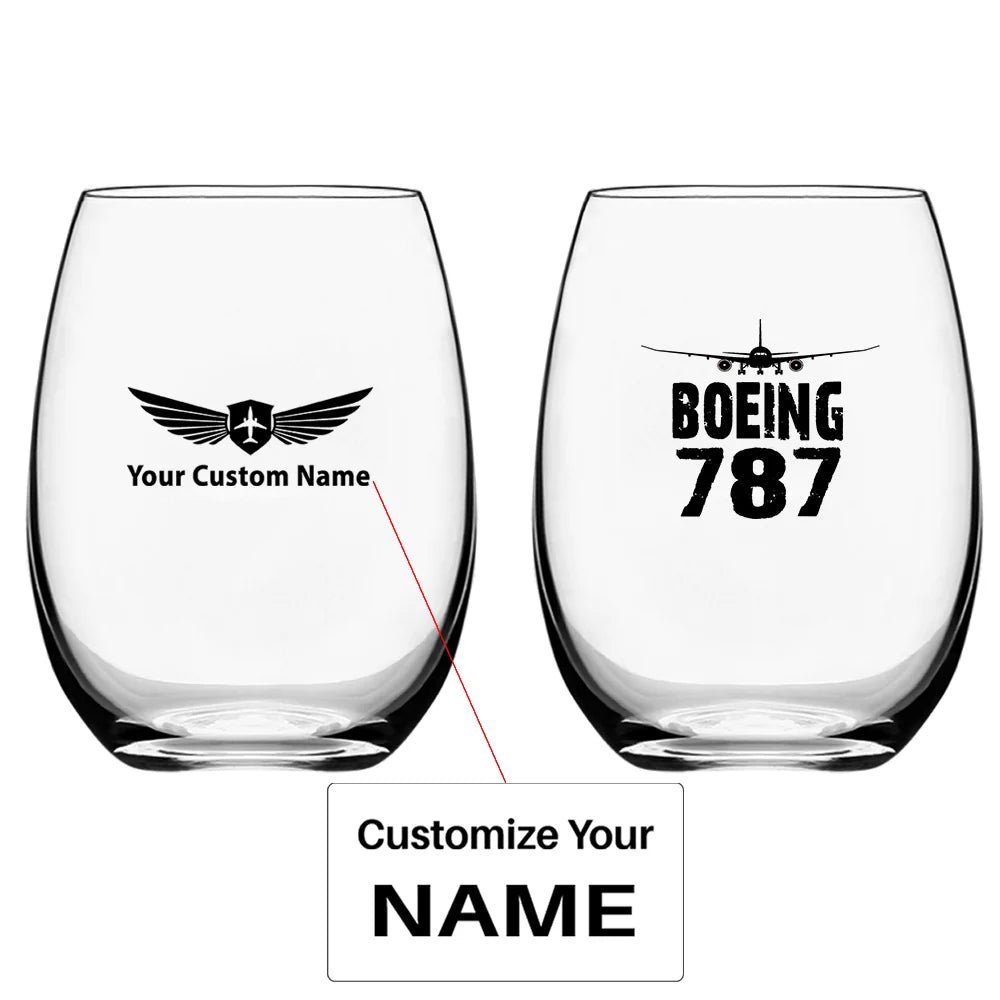Boeing 787 & Plane Water & Drink aviation design on water glass, crystal-clear premium glassware.