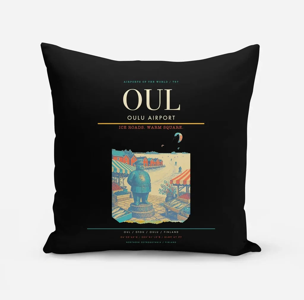 Oulu Airport (OUL) design on black pillow