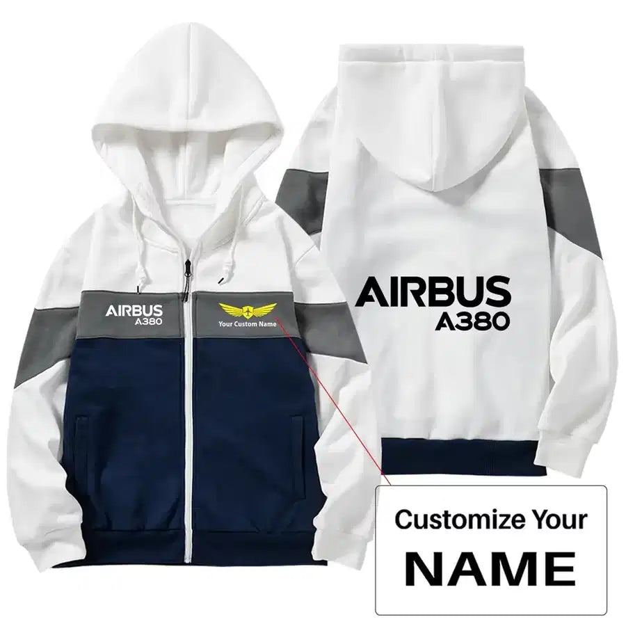 Airbus A380 & Text Zipped Hoodie - Colourful - White + Name (Customizable)