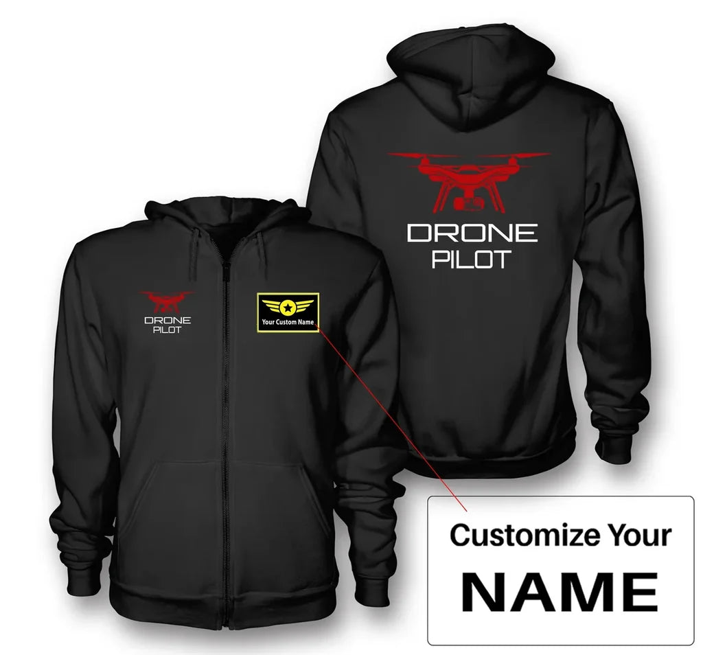Drone aviation design on soft cotton blend zipped hoodie.