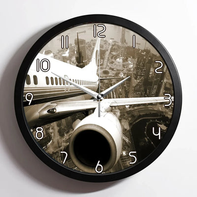 Departing Aircraft & City Scene behind aviation design on premium wood and metal wall clock.