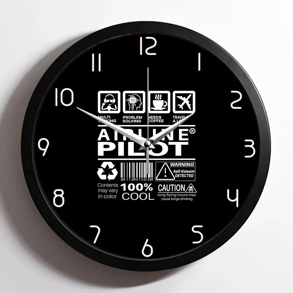 Airline Pilot Label aviation design on premium wood and metal wall clock.