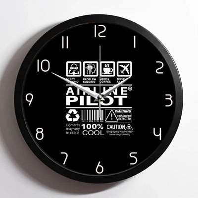 Airline Pilot Label aviation design on premium wood and metal wall clock.