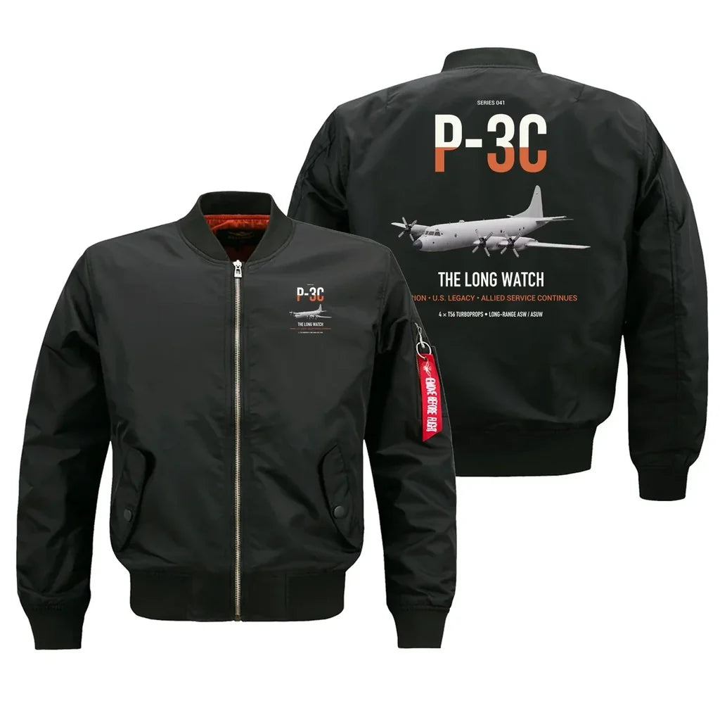 P-3C Orion design on black bomber jacket, double-side print