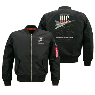 Dassault Mirage IIIC design on black bomber jacket, double-side print