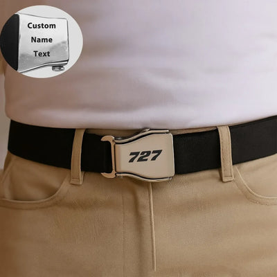 Boeing 727 Flat Text aviation seat-belt buckle accessory, real seat-belt webbing.