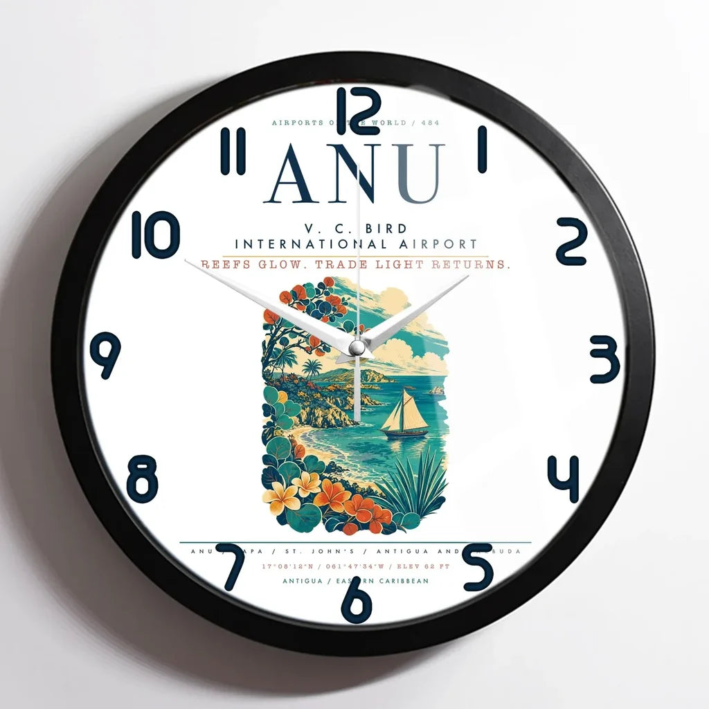 V. C. Bird International Airport (ANU) design on white framed wall clock