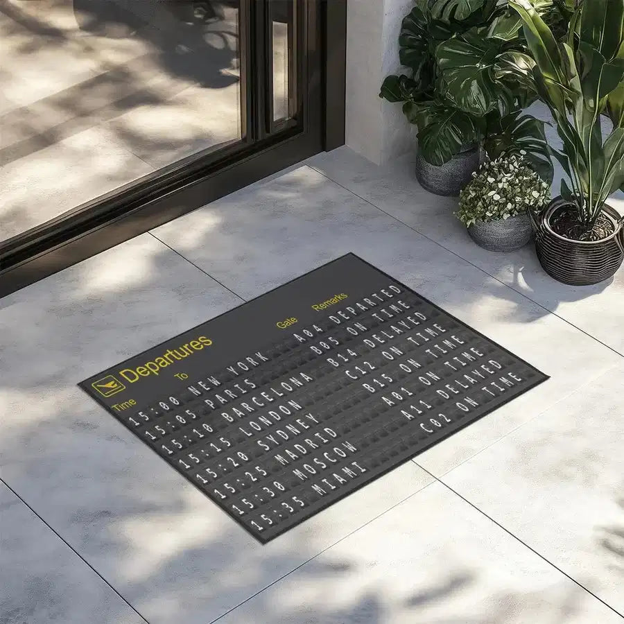 Airport Departure Sign aviation print door mat, durable fibre with non-slip backing.
