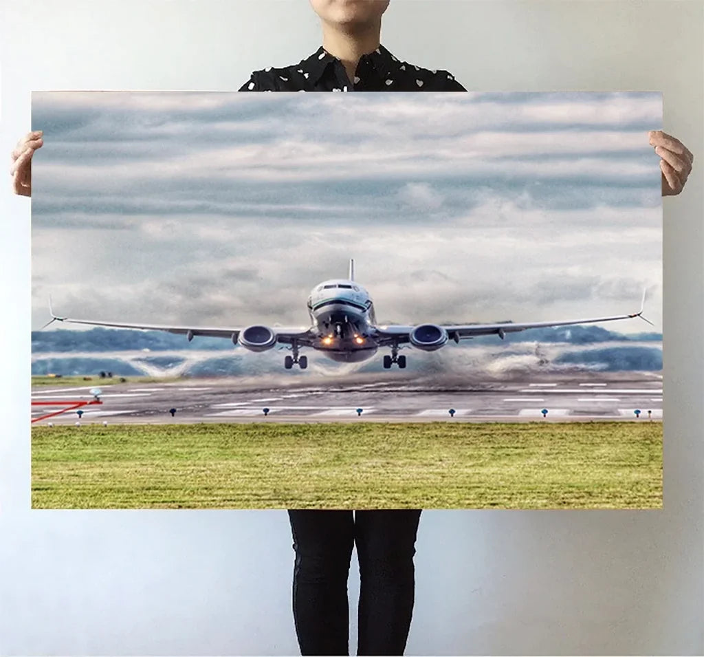 Departing Boeing 737 aviation themed poster, premium poster paper.