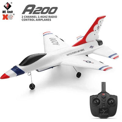 Side view of Wltoys XK A200 RC Airplane F-16B Drone 2.4G Aircraft 2CH Fixed-wing EPP Electric aviation RC model in durable AB.