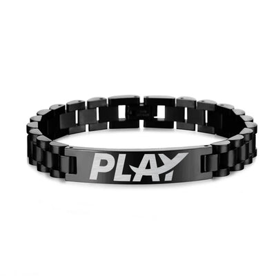 Side view of Play Airlines aviation chain bracelet in stainless steel, polished finish.