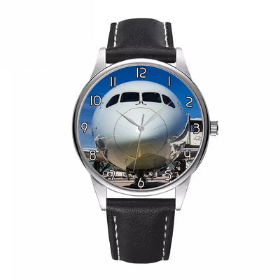 Face to Face with Boeing 787 aviation watch with leather strap, leather strap body with engraved detail.