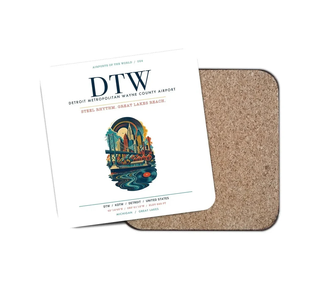 Detroit Metropolitan Wayne County Airport (DTW) design on white 1 piece coaster