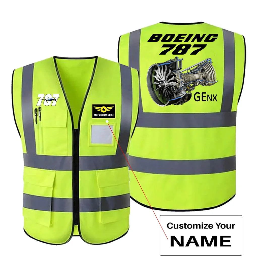 Boeing 787 & GENX Engine aviation design printed on high-visibility reflective fabric reflective vest.