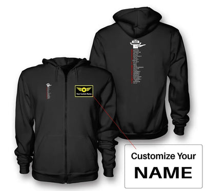 Aviation Alphabet aviation design on soft cotton blend zipped hoodie.