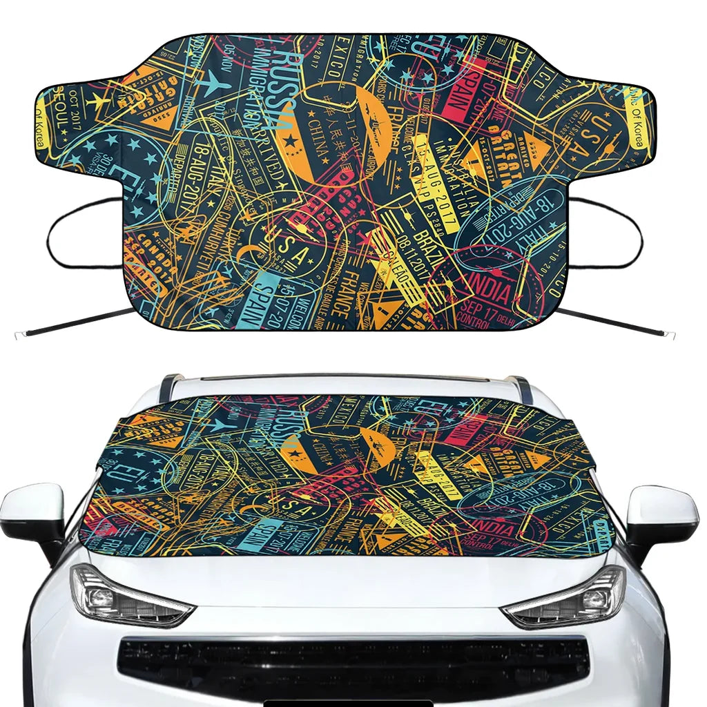 Dark Coloured Passport Stamps Car aviation design on car windshield cover.
