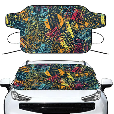 Dark Coloured Passport Stamps Car aviation design on car windshield cover.