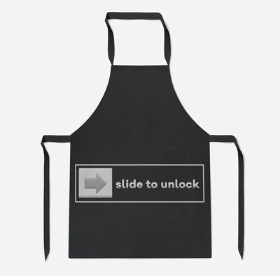 Slide to Unlock aviation design on durable cotton blend kitchen apron.