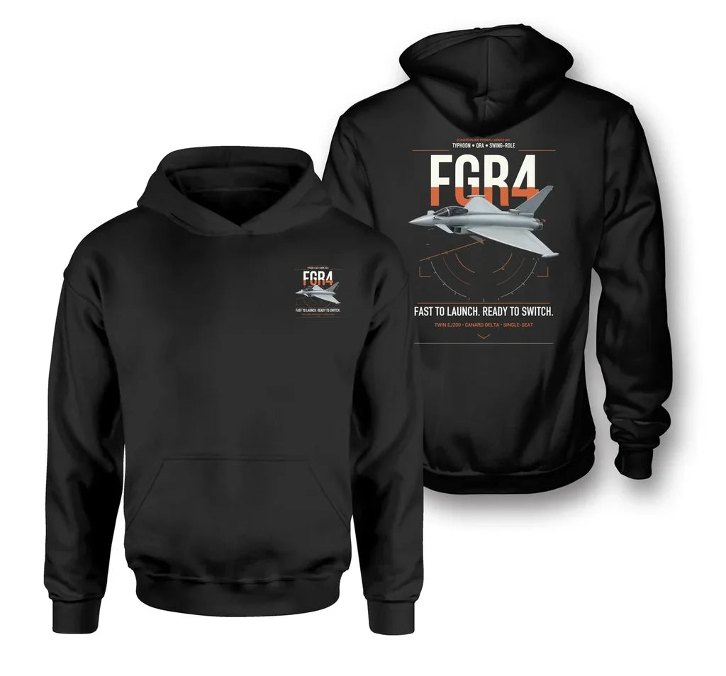 Eurofighter Typhoon FGR4 design on black double-side hoodie, double-side print