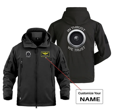 In Thrust We Trust Military Jackets (Customizable) aviation design printed on heavy cotton shell with field-style pockets mil.