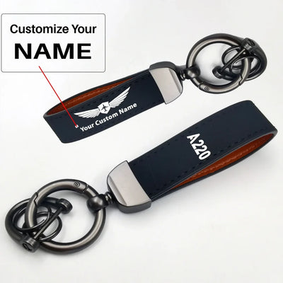 Side view of Airbus A220 Text aviation horseshoe-buckle key chain in polished metal alloy, polished finish.