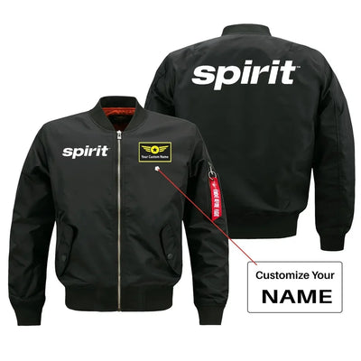 Spirit Airlines aviation design with custom name embroidered on black bomber jacket
