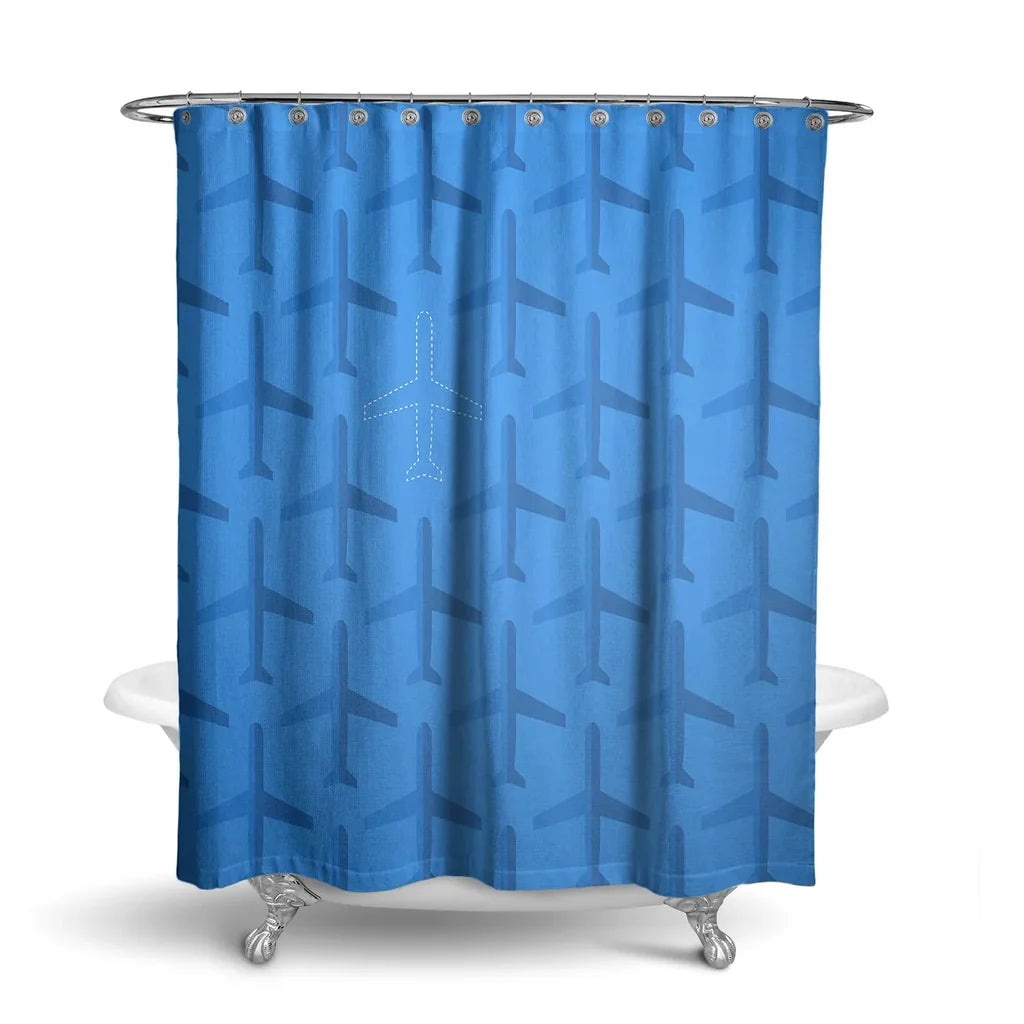 Blue aviation design on waterproof polyester shower curtain.