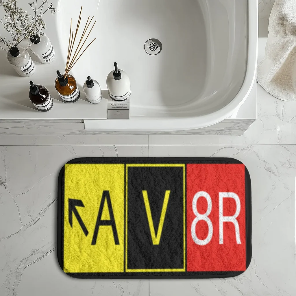 AV8R aviation print bath mat, soft absorbent fabric with non-slip backing.
