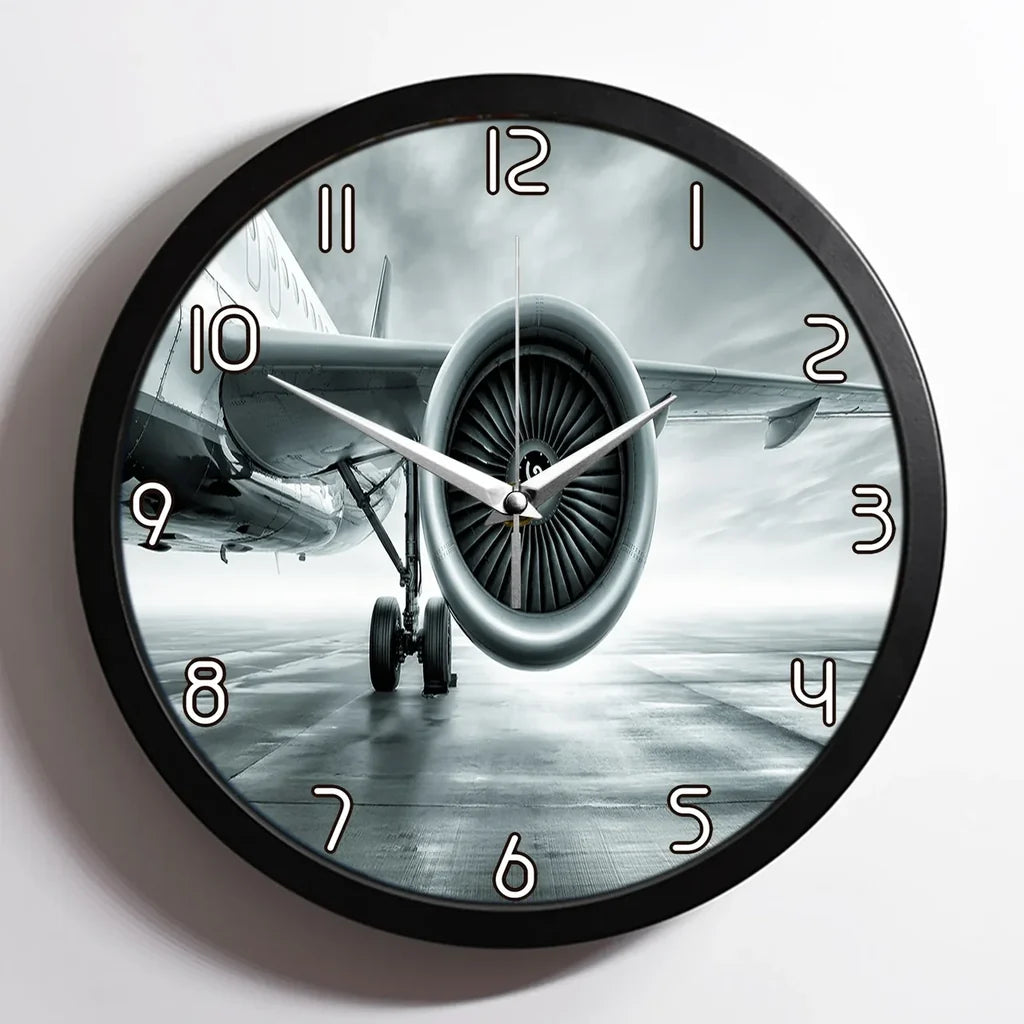 Super Cool Airliner Jet Engine aviation design on premium wood and metal wall clock.