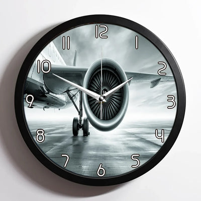 Super Cool Airliner Jet Engine aviation design on premium wood and metal wall clock.