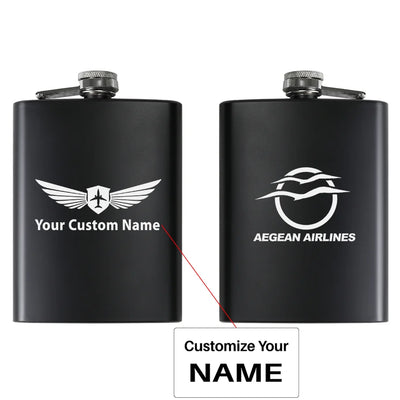 Aegean Airlines aviation design on stainless hip flask, compact pocket-size flask.