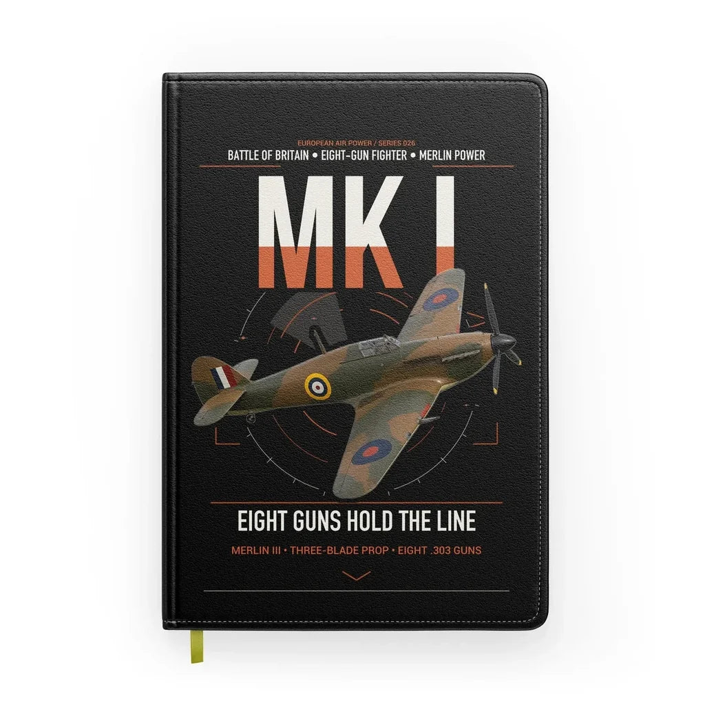 Hawker Hurricane Mk I design on black notebook