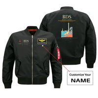 Thumbnail for Brindisi Airport (BDS) design on black bomber jacket with custom name patch