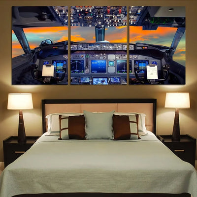 Amazing Boeing 737 Cockpit Printed Canvas Posters (3 Pieces) aviation art 3-piece canvas print in premium canvas with wood fr.