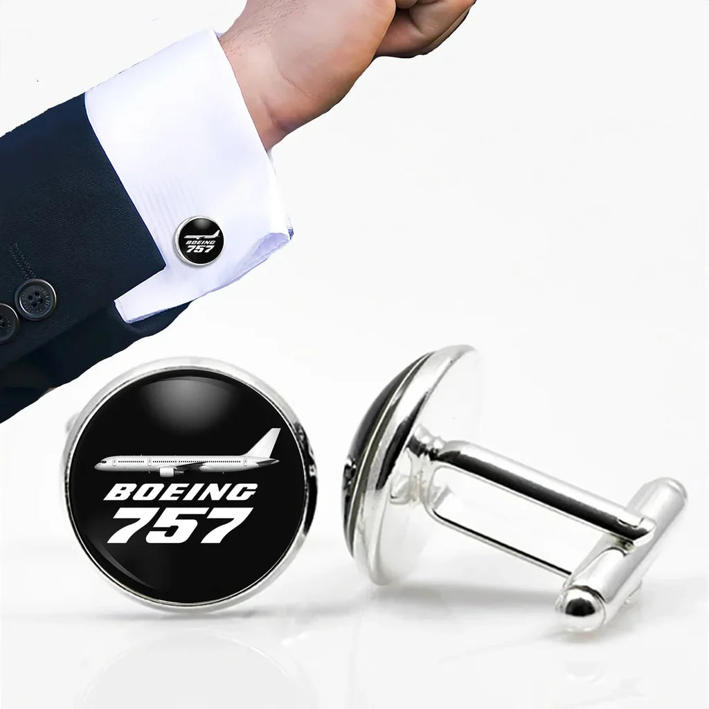 Side view of The Boeing 757 aviation cuff links in polished metal, polished finish.